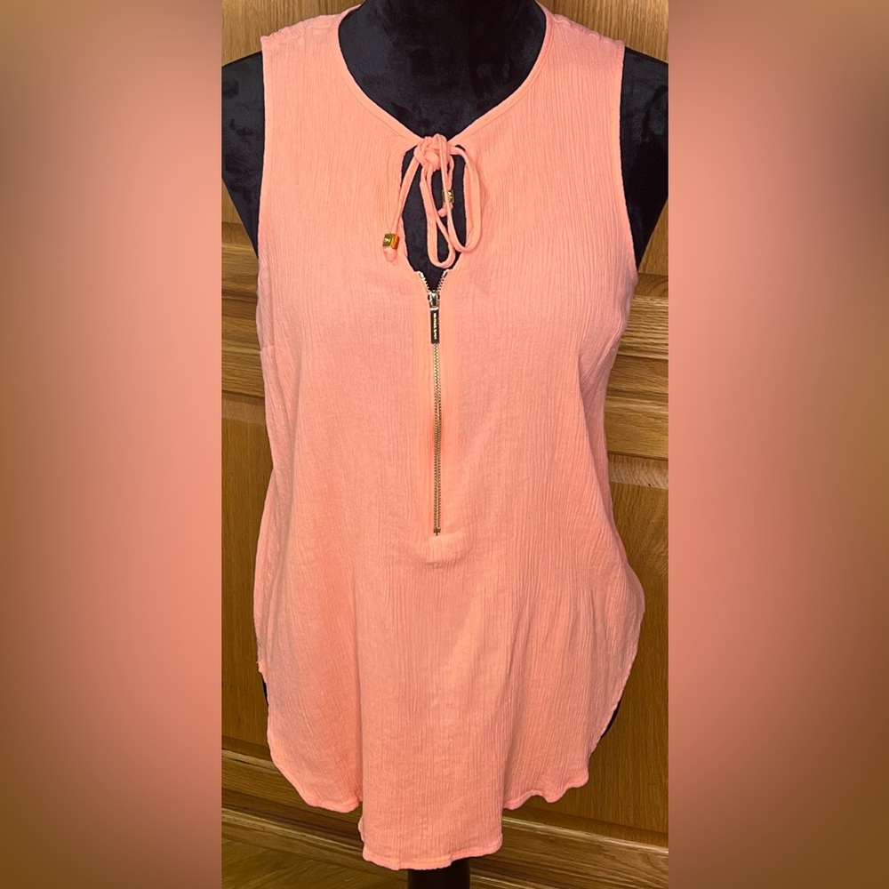 MICHAEL by Michael Kors Front Zip Tie Neck Sleeveless Peach Orange Blouse Medium